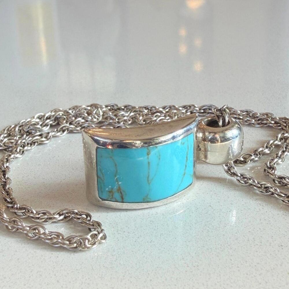 🚫SOLD OUT🚫 VTG Mexico 925 Sterling Silver Turquoise Pendant Necklace - Picture 2 of 7